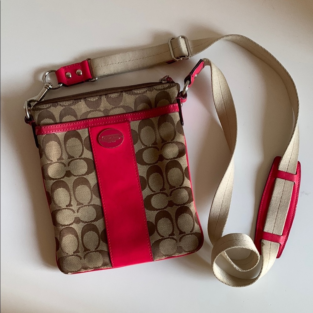 Coach Pink and Tan Signature Crossbody Bag